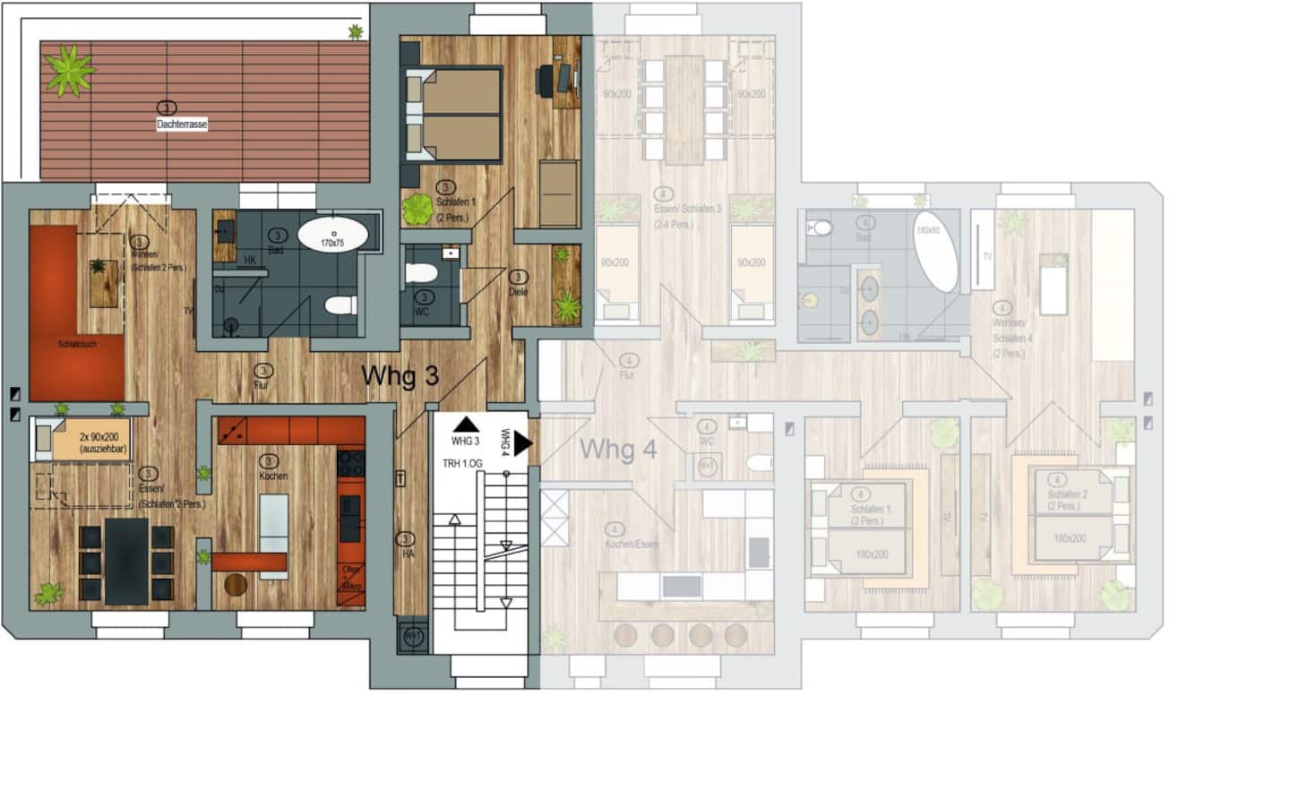 Grundriss 1. OG links - Wohnung 3 (max. 6 Gäste möglich)